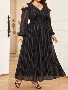 Modelyn Robe élégante à imprimé pois, col en V, épaules dénudées, manches longues, taille cintrée, coupe trapèze, coupe régulière, grande taille, pour le printemps et l'automne - Noir - Voir 6