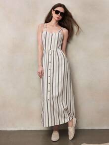 Zovinel Linen Lyocell Women's Geometric Pattern Black And White Striped Single-Breasted Cinched Waist Pocket Cami Dress,Formal Commute Work Vacation Outfit - Multicolor - View 5