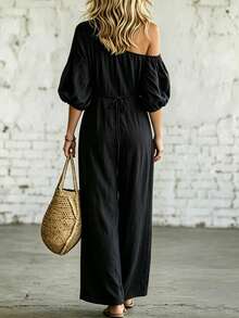 SHEIN Fiorisel Women's Solid Color Casual Loose Off-Shoulder Jumpsuit - Black - View 2