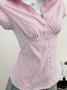 Flirla Women's Striped Collared V-Neck Short Sleeve Blouse, Spring/Summer - Pink - View 3
