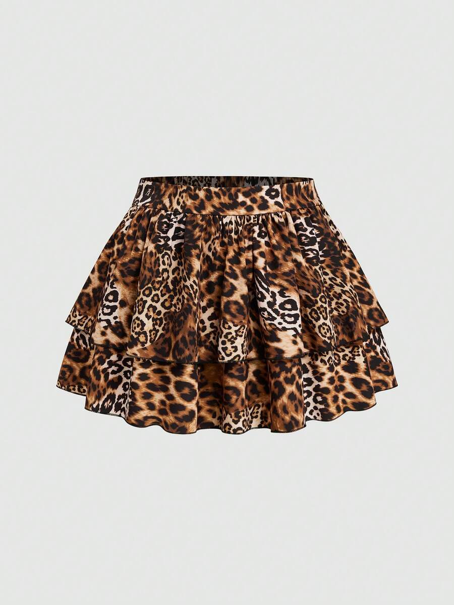 Sweetra 美式復古豹紋迷你裙，雙層荷葉邊蛋糕裙，高腰顯瘦防走光辣妹 A 字裙，秋季款 - 棕色 - 查看 1