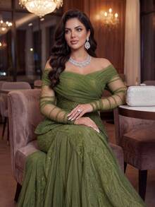 SHEIN Lady CURVE Plus Size Olive Green Winter Elegant Formal Evening Formal Sequin Lace Sheer Off-Shoulder See-Through Sleeve Fishtail Hem Mesh Wedding Gala Party - Army Green - View 6