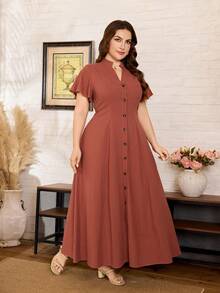 Lacomfia Plus Size Women's Solid Color Short Sleeve V-Neck Button Front Pleated Dress - Redwood - View 5