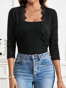 SHEIN Clasi 女款純色花卉蕾絲3/4袖開襟優雅輕便休閒夾克外套 - 黑色 - 查看 7