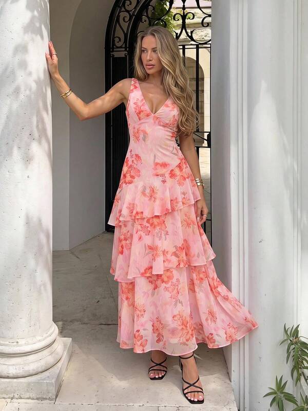 KARISMINA Women's Wedding Vacation Fashion Floral Print Ruffle Hem Dress Pink Orange And And Summer Boho Romantic Elegant Garden Party Wedding Garden Party