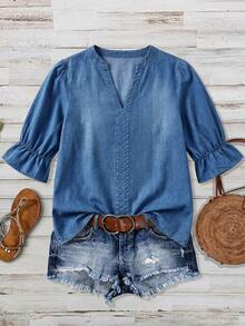 EMERY ROSE EMERY ROSE Plus Size Summer Casual Notch Neck Denim Top - Medium Wash - View 3
