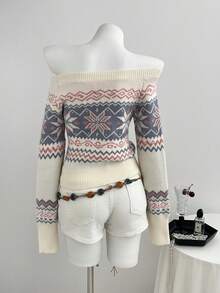 Elamini Autumn/Winter Casual Off-Shoulder Short Jacquard Sweater, Multiple Colors - Apricot - View 2