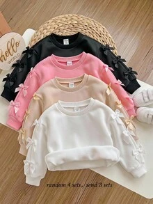 SHEIN 女嬰針織秋冬可愛百搭蝴蝶結純色保暖內裡長袖衛衣 3件套 - 彩色 - 查看 6
