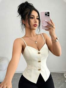 Struktiv Women's Fashion New V-Neck Camisole With Water Drop Buttons, Versatile Commuter Style Tank Top - Beige - View 4