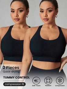 Velisys Velisys Setelan 2 Potong Kaos Olahraga Hitam dan Tank Top Ukuran Plus Wanita dengan Cup yang Dapat Dilepas - Hitam - View 1