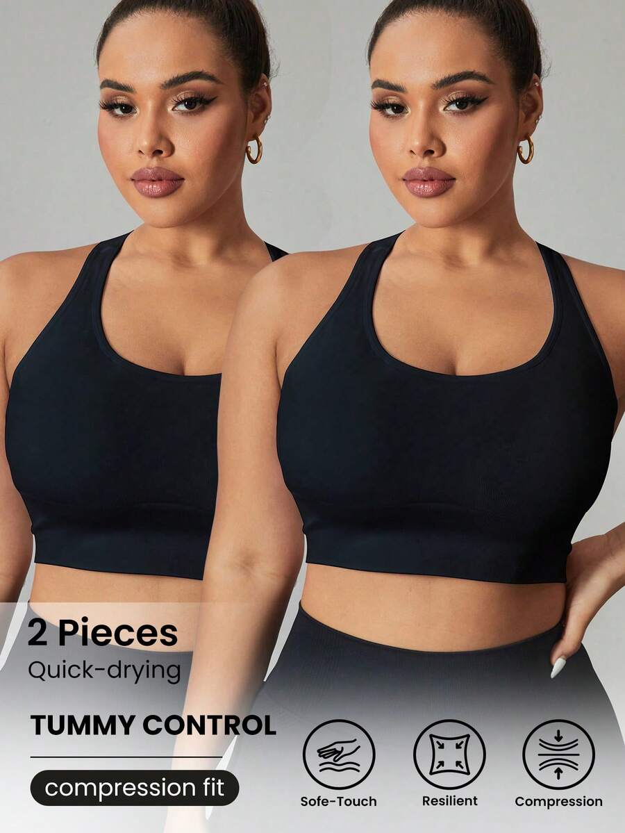 Velisys Velisys Setelan 2 Potong Kaos Olahraga Hitam dan Tank Top Ukuran Plus Wanita dengan Cup yang Dapat Dilepas - Hitam - View 1