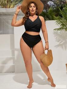 Swim Lushoire Plus Size Solid Color Vacation Beach Swimsuit Set - Black - View 4