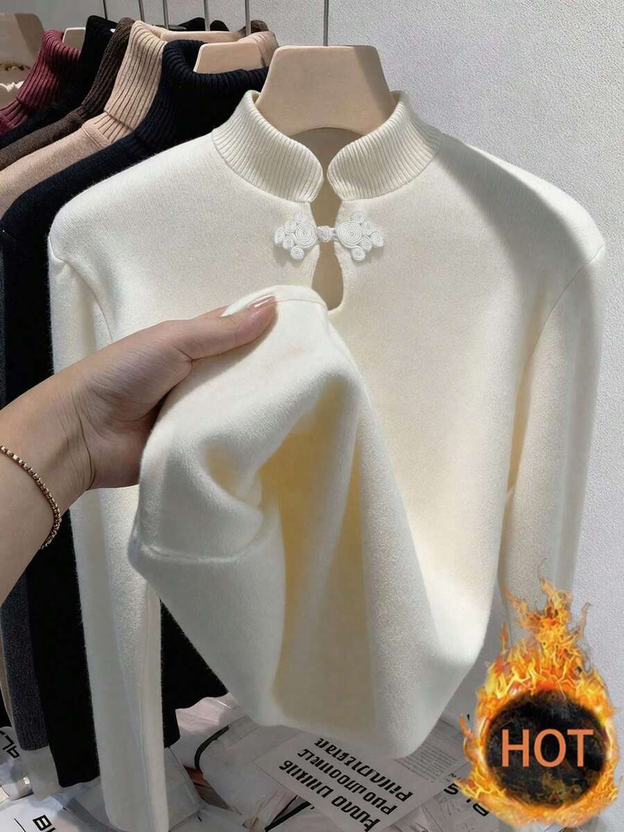 SHEIN Franclia 女款初秋休閒優雅保暖內裡舒適新中式盤扣鏤空小立領長袖T恤 - 杏色 - 查看 1