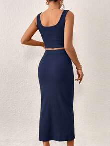 SHEIN Raffinéa Navy Blue Waffle Knit Set | Square Neck Cropped Tank Top + Elastic Bodycon Midi Skirt 2 Pieces Set - Navy Blue - View 2