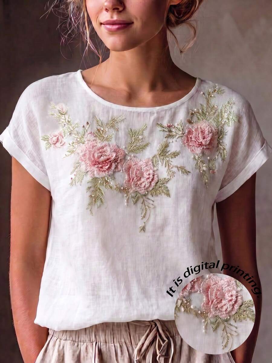 SHEIN Franclia 女款夏季花卉印花上衣,女款休閒外出上衣,優雅度假沙灘上衣,派對上衣,休閒上衣,女款蕾絲拼接設計上衣,通勤上衣,女款休閒上衣,女款度假外出上衣 - 彩色 - 查看 1