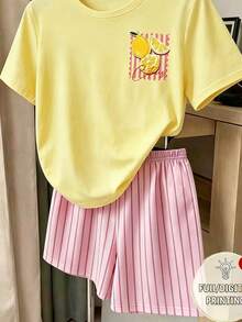SHEIN 青少年女孩數位條紋與檸檬印花短袖短褲套裝，春夏季休閒舒適時尚，百搭夏季穿搭，適合戶外運動、戶外野餐、街拍、居家、校園、度假、送禮、日常穿著 - 彩色 - 查看 6