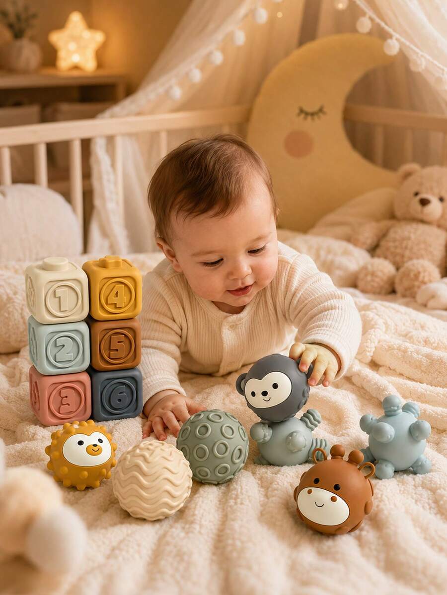 MINKOJA Multi-Pack Optional Sensory Balls Number Embossed Stacking Blocks Animal Shaped Pieces Early Growth Cognitive Toy Hand Coordination Training Indoor Activity Birthday Gift - Multicolor - View 1