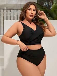 Swim Lushoire Plus Size Solid Color Vacation Beach Swimsuit Set - Black - View 3