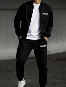 青少年男孩字母印花拉鍊長袖夾克與蝴蝶結抽繩長褲套裝 - 黑色 - 查看 2