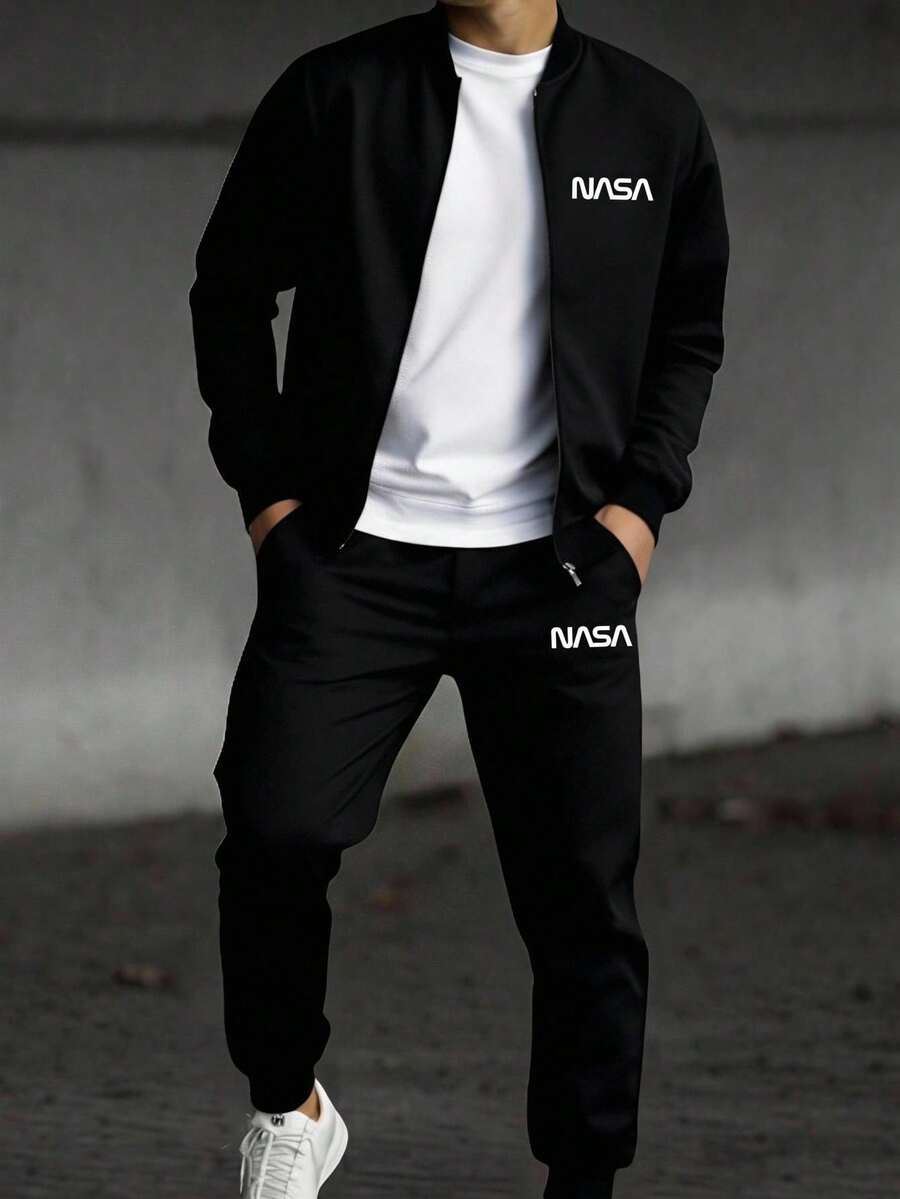 Tween Boy Letter Print Zip-Up Long Sleeve Jacket And Bow Tie Drawstring Pants Set