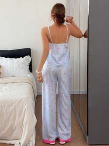 Napfluff Blue Striped Heart Print Camisole + Wide Leg Pants 2 Pieces Loungewear Set - Blue and White - View 2