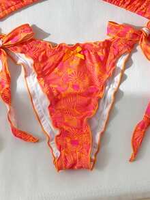SHEIN Swim 女款兩件式比基尼泳衣 海灘度假裝 夏季熱帶性感側綁腰提臀 紅白條紋 紅橘色 - 橘色 - 查看 3