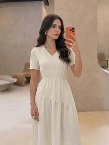 Mulvari Women's V-Neck Elegant Fashion Beige Vacation Style Mid-Length Dress - Beige - View 5