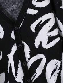 SHEIN 男童時尚簡約字母提花針織開襟毛衣長袖 - 黑色 - 查看 3