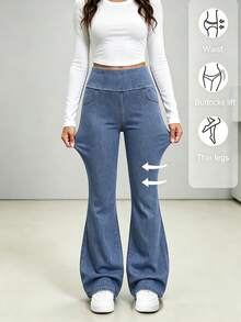 SHEIN Teen Girls Fashion Casual Washed Blue Denim Daily Sports Basic Stretch Slim Fit Yoga Flare Jeans, Pocket Design Soft And Comfortable, Suitable For Daily Wear And All Seasons - Light Wash - View 9