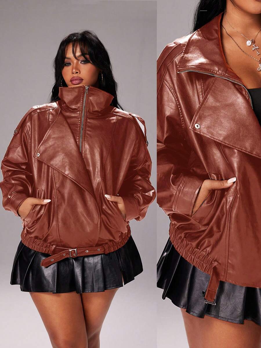 Rustia Plus Size Women's Premium Street Style Cool Autumn New Loose Versatile Fashion Motorcycle PU Leather Jacket Winter - Camel - View 1