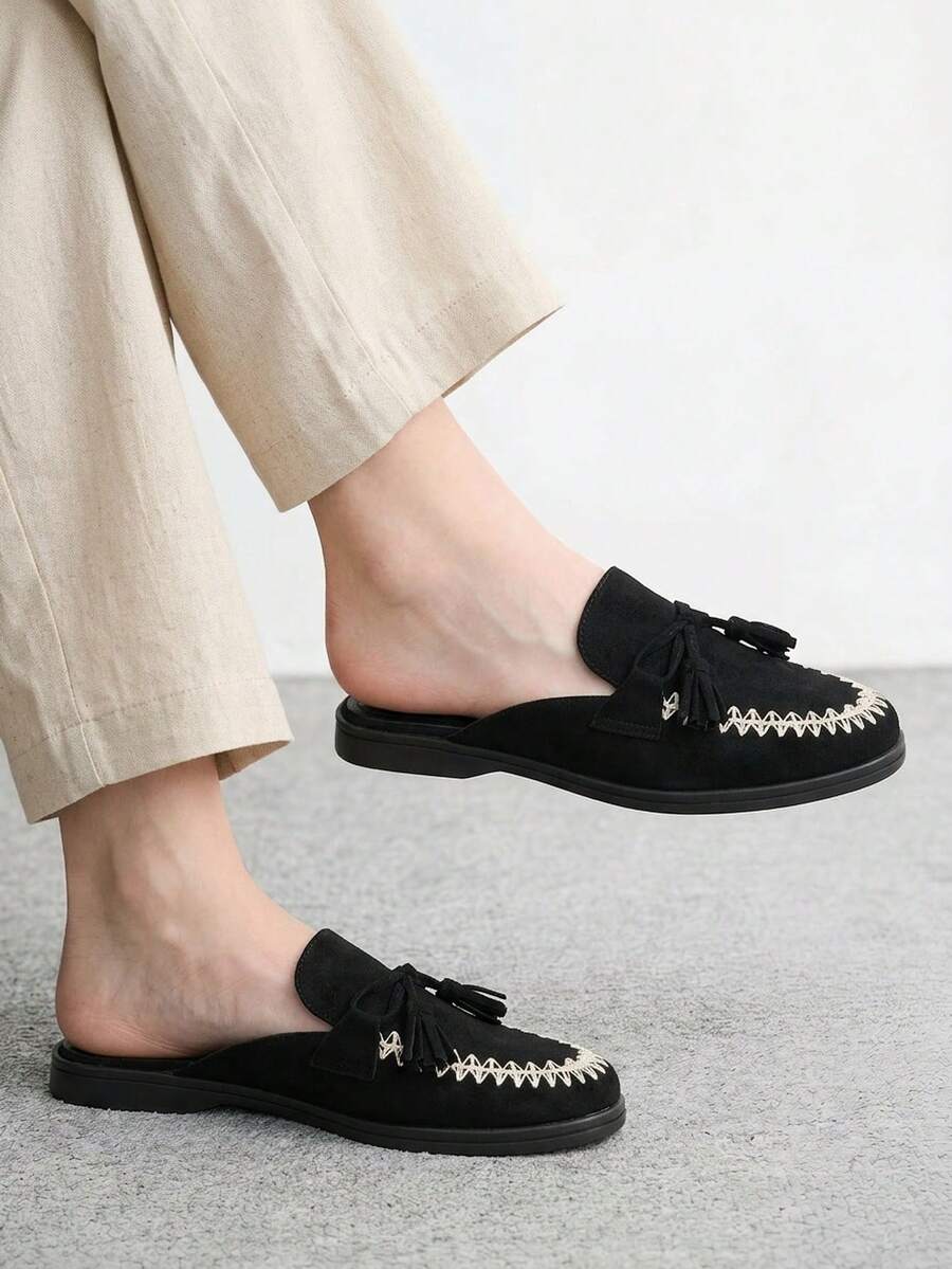 CUCCOO BIZCHIC 女款黑色流蘇後跟帶刺繡穆勒樂福鞋,日常通勤秋季鞋 - 黑色 - 查看 1