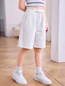 SHEIN 青少年女孩抽繩腰休閒百搭日常穿著牛仔短褲 - 白色 - 查看 5