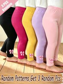 (Random 5 Pieces, Send 3 Pieces) Baby Girl Simple Pink Ribbon Bow Print Basic Colored Leggings, Spring Summer Autumn Winter All Season Daily Wear Pants - Multicolor - View 1