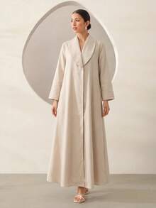 Graceveil Bata larga holgada de uso diario para mujer, de color liso, casual y elegante con cuello - Albaricoque - Ver 4