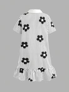 SHEIN 少女條紋與花卉印花荷葉邊下擺鬆身洋裝 - 黑與白 - 查看 3