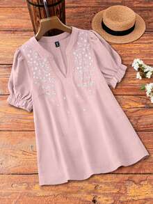 SHEIN LUNE CURVE 大尺碼女款刺繡春/夏浪漫時尚百搭休閒通勤襯衫 - 淺粉色 - 查看 3