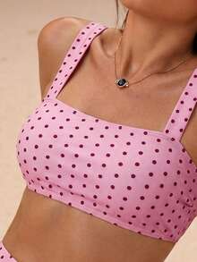 Swim Mod 女款夏季隨機配色印花細肩帶上衣與高腰泳褲2件式比基尼套裝，海灘度假 - 彩色 - 查看 4