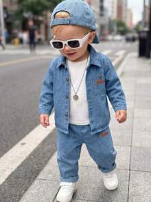 SHEIN Playful Pals 嬰兒(男童)時尚前衛街頭風水洗藍色襯衫搭配長褲，春秋款 - 藍色 - 查看 7