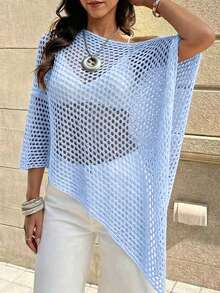 SHEIN Holidaya Women's Solid Color Hollow Out Casual Versatile Daily Wear Knit Top - Baby Blue - View 3