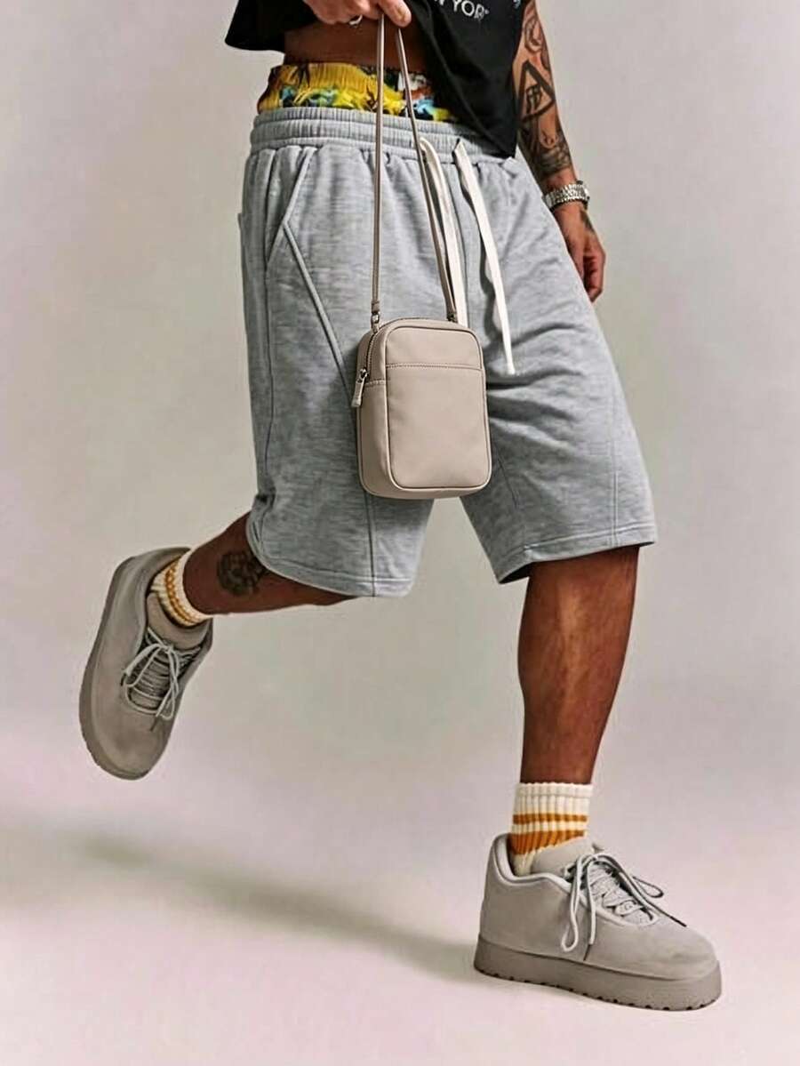 CRAVYNX Men Casual Versatile Daily Outing Shorts, Solid Color Elastic Drawstring Waist Loose Sweat Shorts For Gym Travel Weekend Outdoor - Dark Grey - View 1