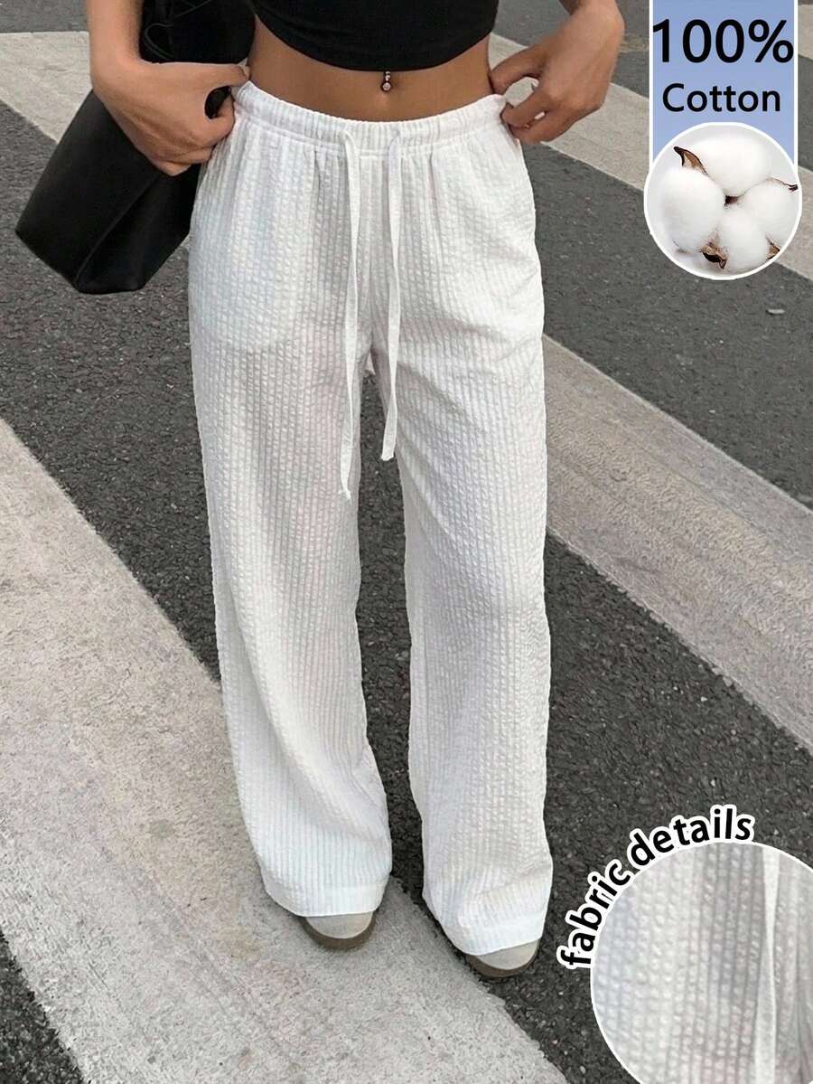 SHEIN EZwear 100%純棉白色紋理女款長褲,度假、居家、日常、健身、復古、軟妹風、街頭風 - 彩色 - 查看 1