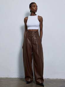 Aveloria Modichic Women's PU Leather Pleated Fashion Versatile Daily Casual Long Pants - Brown - View 3