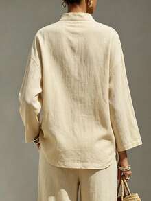 Hotletica Casual Solid Color Linen V-Neck Loose Long Sleeve Shirt - Apricot - View 2