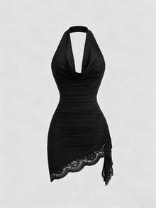 Sweetra Women's Summer Black Draped Neck Draped Pleated Fitted Bodycon Asymmetrical Drawstring Hem Short Dress - Black - View 8