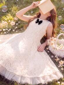 SHEIN 白色夏季優雅派對杏色蕾絲提花無袖網紗洋裝，3D花卉節慶正式禮服，適合前青春期女孩青少年，復古茶會風 - 杏色 - 查看 4