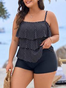Swim Lushoire Plus Size Women 2pcs Set Striped Print Push-Up Adjustable Strap Casual Vacation Beach Tank Style Swimwear - Black and White - View 4