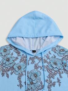 Linhara CURVE Spring/Autumn New Blue Floral Print Casual Daily Plus Size Hooded Sweatshirt - Blue - View 6