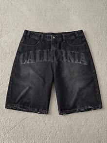 AXEPEAK Men's Letter Print Pocket Casual Denim Shorts - Black - View 1
