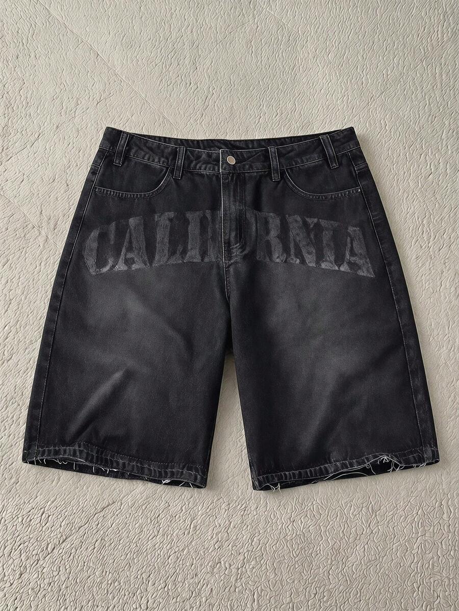 AXEPEAK Men's Letter Print Pocket Casual Denim Shorts - Black - View 1