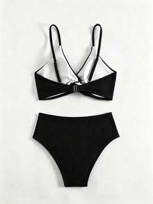 SHEIN Swim 女款黑色細肩帶上衣與短褲泳裝套裝，適合陽光海灘 - 黑色 - 查看 2